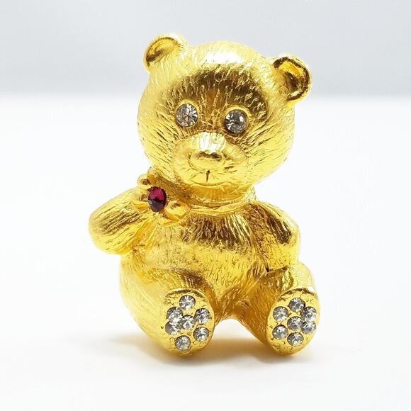 Gold Tone Teddy Bear Brooch Rhinestones Red Bow Vintage Figural Pin - Picture 1 of 10